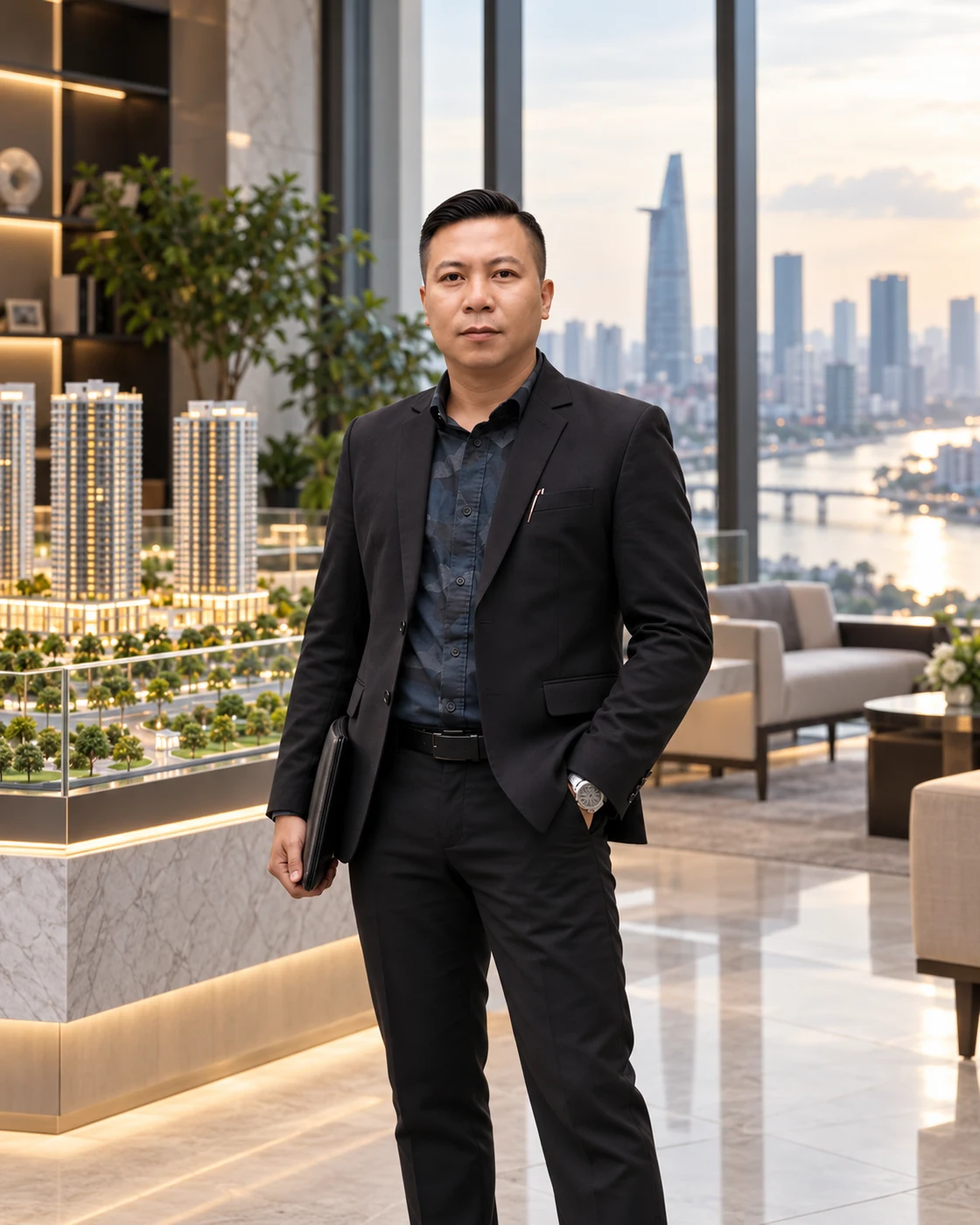 Đức Phước trong trang phục vest, cầm hồ sơ bên mô hình kiến trúc
